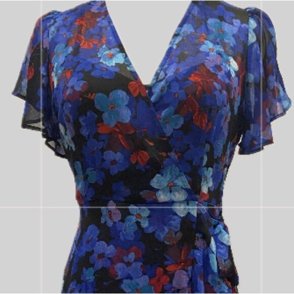 Calvin Klein NWOT Faux Wrapped Asymmetrical Flutter Sleeves Floral Dress 2P - Picture 4 of 9